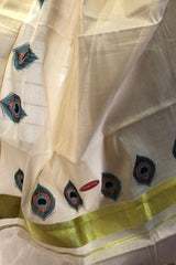 Traditional Kerala Golden Tissue SetSaree with Peacock Feather Prints