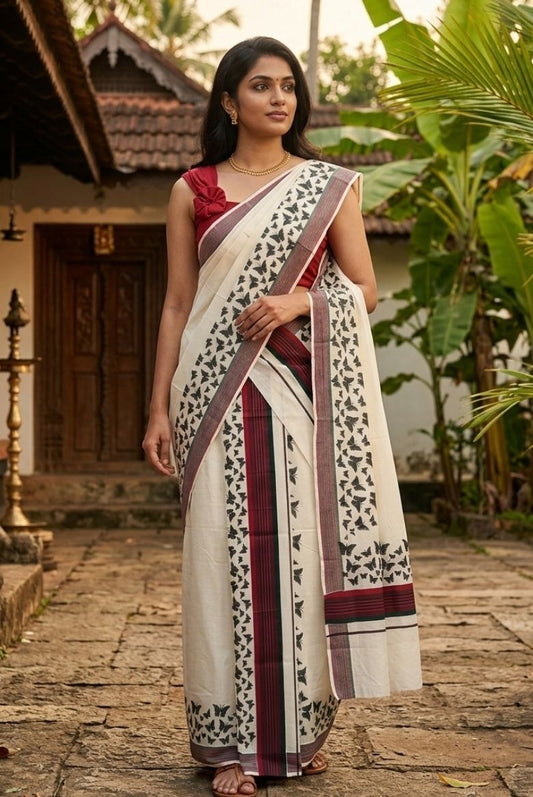 Traditional Kerala Attire along Maroon and Green Stripes with Butterfly Print Borders