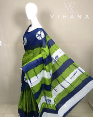 Mul Mul Cotton Saree Parrot Green Color & White Blouse