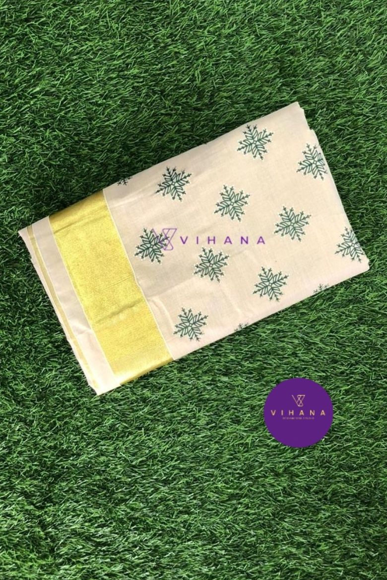 Kerala Golden Tissue Set Saree with Golden Kasavu Border and Green Leaf Prints