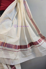 Premium Quality Handloom Kerala Cotton Set Mundu with Maroon and Silver Stripes Border