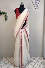 Premium Quality Handloom Kerala Cotton Set Mundu with Maroon and Silver Stripes Border