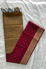 Premium Pure Handloom Cotton Saree Beetroot Red and Gold Elegance