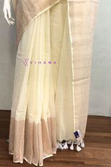 Cream Mul cotton Saree with Copper zari Stripes Border Design