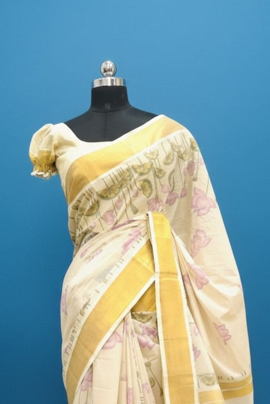 Traditional Kerala Cotton SetSaree with Lavender Lotus 3D Digital Print