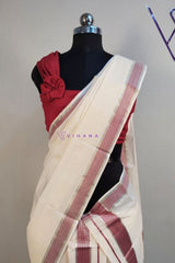 Premium Quality Handloom Kerala Cotton Set Mundu with Maroon and Silver Stripes Border