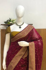 Premium Pure Handloom Cotton Saree Beetroot Red and Gold Elegance