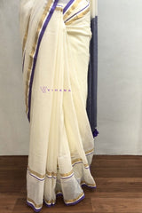 Pure 120 count Off white Mul Cotton Saree with Light Purple Borders