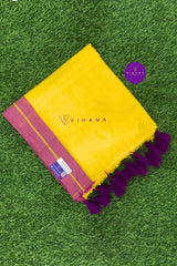 Bright Yellow Mul Cotton Saree with Purple and Golden zari Border