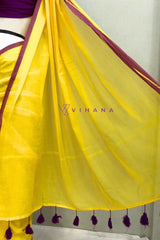 Bright Yellow Mul Cotton Saree with Purple and Golden zari Border