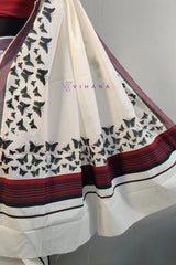 Traditional Kerala Attire along Maroon and Green Stripes with Butterfly Print Borders