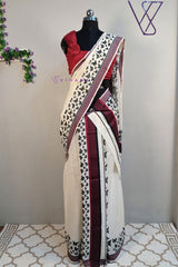 Traditional Kerala Attire along Maroon and Green Stripes with Butterfly Print Borders