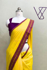 Bright Yellow Mul Cotton Saree with Purple and Golden zari Border