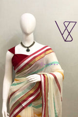 Elegant Cream Pure 120 count Mul Cotton Saree with Vibrant Borders and Hand-knotted Tassels.