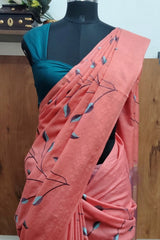 Coral Peach Kota Munga Silk Embroidery Saree