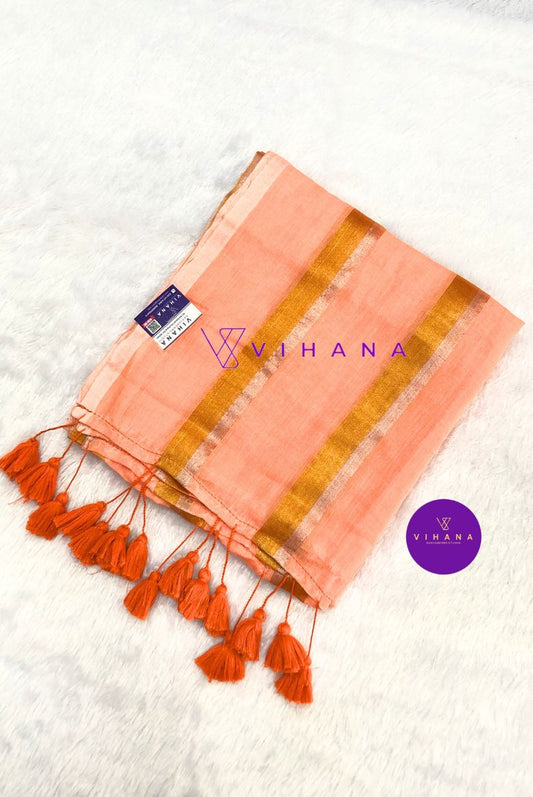 Orange 120 Count Pure Mulcotton Saree