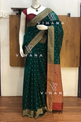 Premium Pure Handloom Cotton Saree Peacock Green and Red Elegance