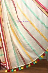 Elegant Cream Pure 120 count Mul Cotton Saree with Vibrant Borders and Hand-knotted Tassels.
