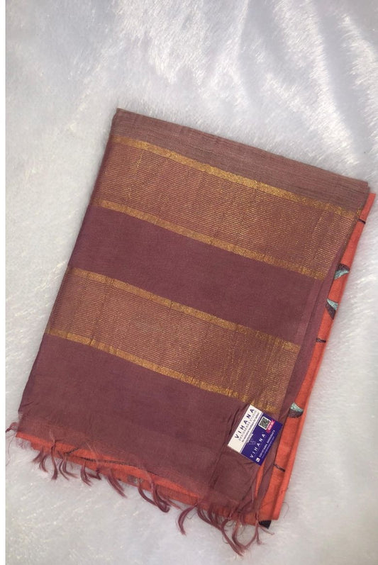 Coral Peach Kota Munga Silk Embroidery Saree