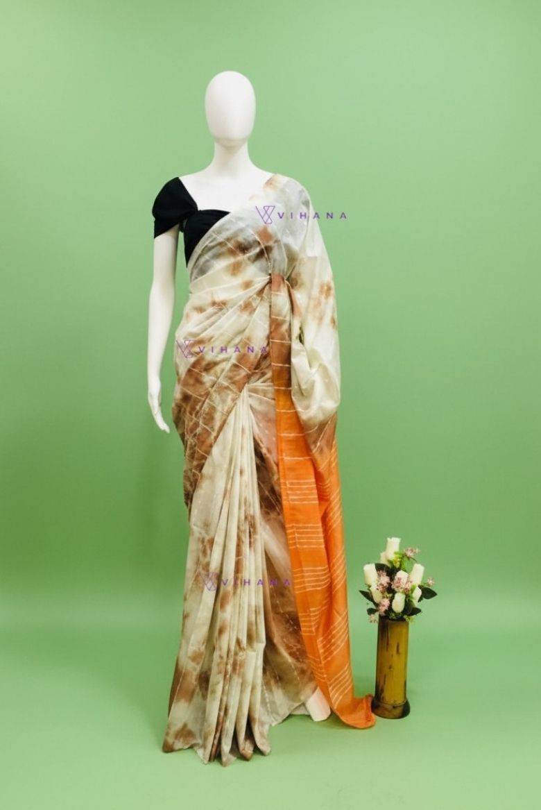 White-Light Brown Kota Semi Tussar Tie & Dye Bandini Print Saree
