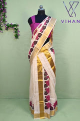 Kerala Cotton Set Mundu with Golden Strip with Lotus Print