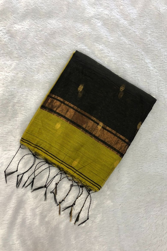 Warm Olive Green Maheswari Silk Cotton Saree