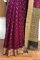 Premium Pure Handloom Cotton Saree Dark Magenta and Black Elegance