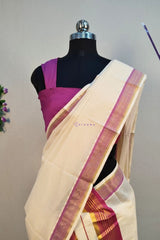 Traditional Kerala Set Mundu with Pink and Gold Kasavu Border