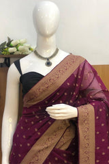 Premium Pure Handloom Cotton Saree Dark Magenta and Black Elegance