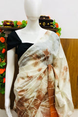 White-Light Brown Kota Semi Tussar Tie & Dye Bandini Print Saree