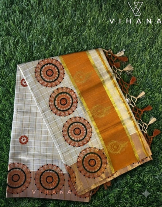 Rust Orange & Golden Kasavu Border Kerala Tissue Set Saree with Blouse-VS376