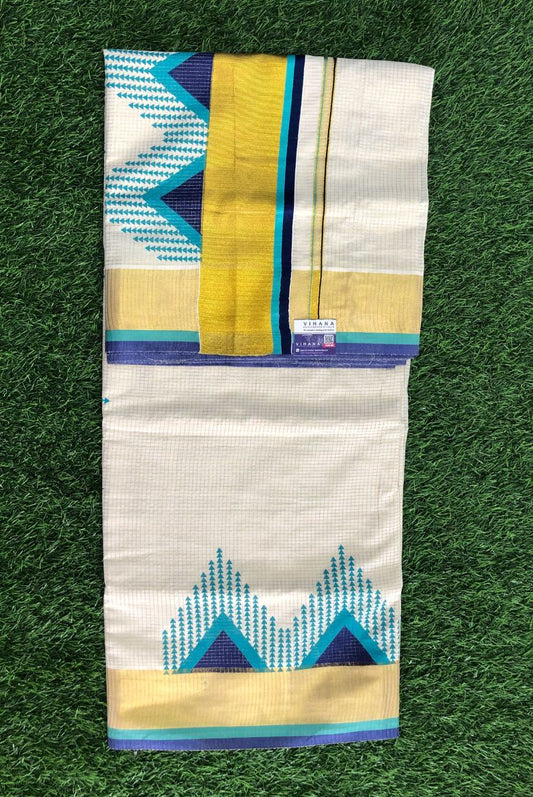 Traditional Kerala Cotton Micro Check Patterned Set Saree with Temple Borders