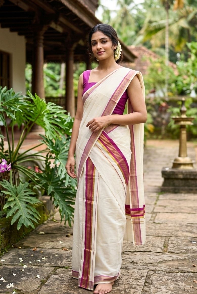 Traditional Kerala Set Mundu with Pink and Gold Kasavu Border