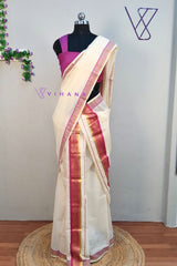 Traditional Kerala Set Mundu with Pink and Gold Kasavu Border