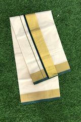 Kerala Cotton Set Saree featuring Dark Green and Golden Zari Borders