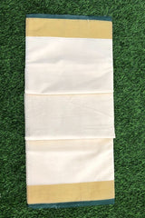 Kerala Cotton Set Saree featuring Dark Green and Golden Zari Borders