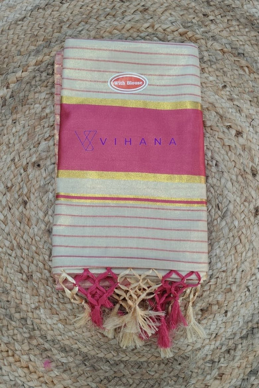 Elegant Pink Kerala Golden Tissue Set Saree
