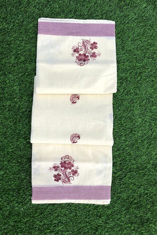 Kerala Cotton Set Saree With Maroon Floral Prints