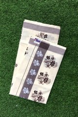 Kerala Cotton Set Saree With Coffee Brown Floral Prints
