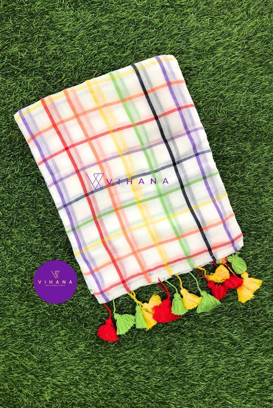 Aiswarya Laxmi Inspired White Mul Cotton Saree with Vibrant Multicolored Check Pattern