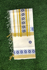 Elegant Off-White Cotton Set Saree with Golden Zari Border and Blue Floral Prints