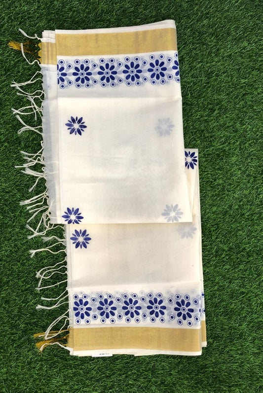 Elegant Off-White Cotton Set Saree with Golden Zari Border and Blue Floral Prints
