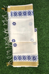 Elegant Off-White Cotton Set Saree with Golden Zari Border and Blue Floral Prints