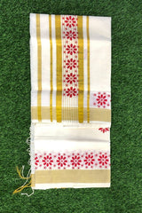 Elegant Off-White Cotton Set Saree with Golden Zari Border and Red Floral Prints
