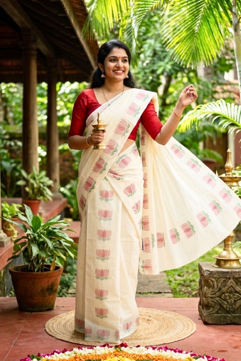 Kerala Cotton Set Mundu with Lotus Print