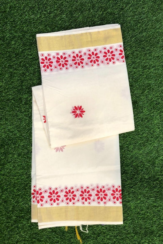 Elegant Off-White Cotton Set Saree with Golden Zari Border and Red Floral Prints