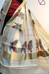 Peacock Feather and Flute Print Set Mundu with Classic Kasavu Elegance