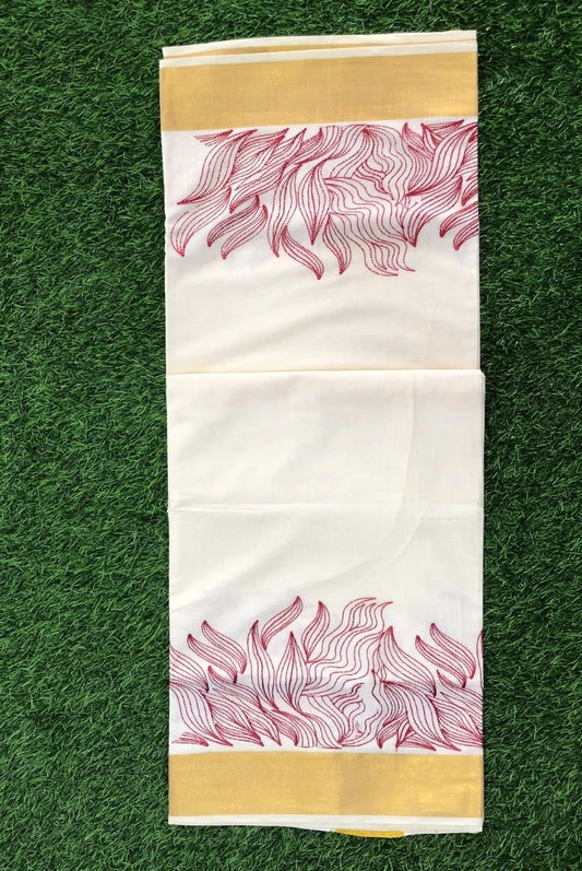 Kerala Set Saree with Red Thread Embroidery-VS149