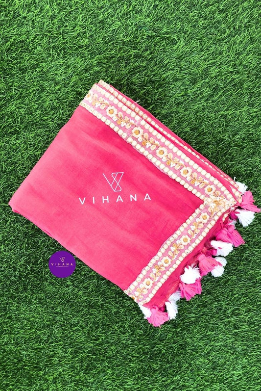 Pink Mul Cotton Saree with Embroidery Lace Work