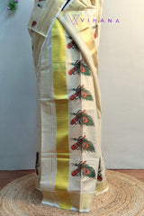 Peacock Feather and Flute Print Set Mundu with Classic Kasavu Elegance